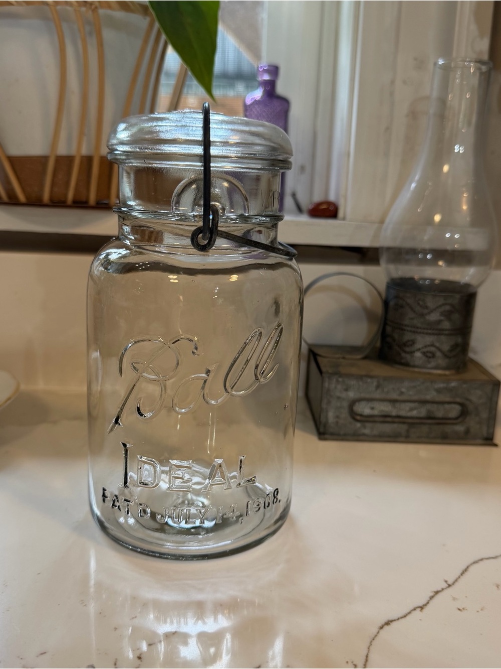 Antique Ball Ideal Clear Glass Canister with Wire Bail Lid